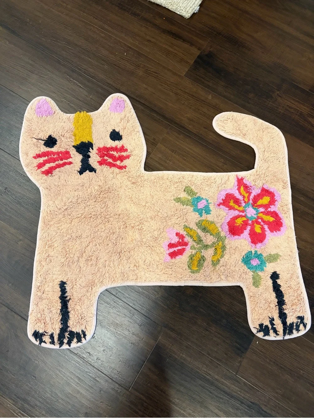 Natural Life Cat Bath Rug Tan Floral Cat Shaped Colorful Bathroom Decor
